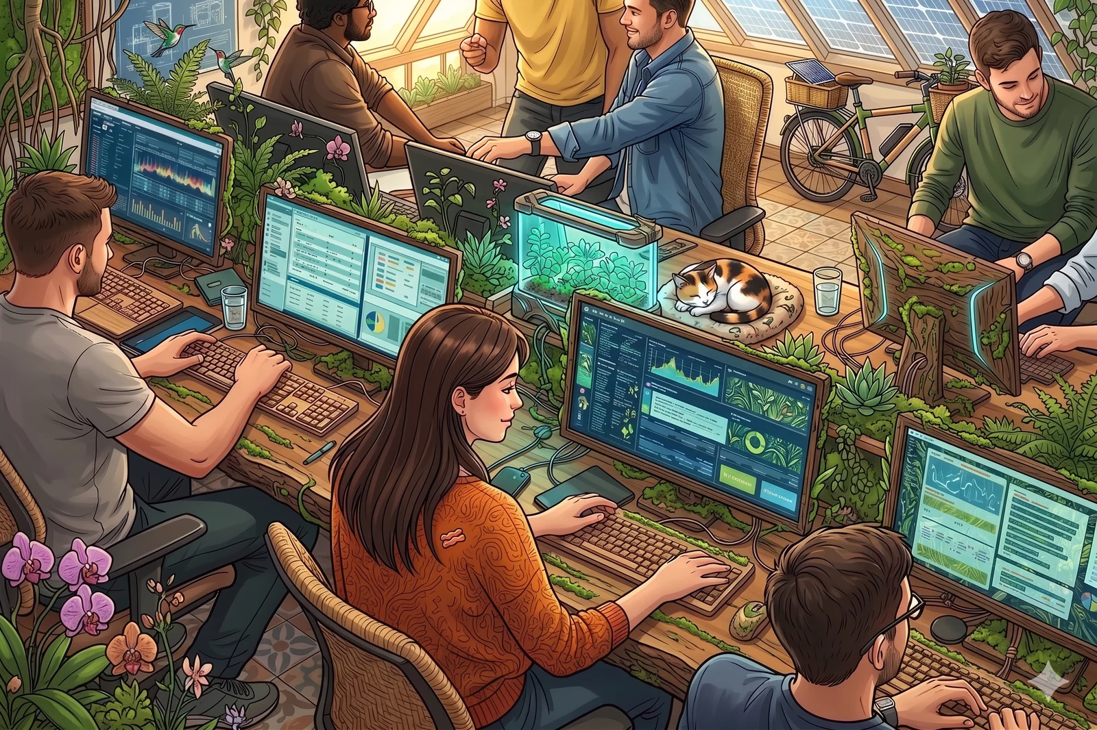 ทีม network engineer Bacon Hunter configure ระบบ IT บน multi-monitor workstation — ขั้นตอนครบ site survey, design, installation, testing และ MA contract สำหรับ network, CCTV, server, cloud ทั่วประเทศไทย